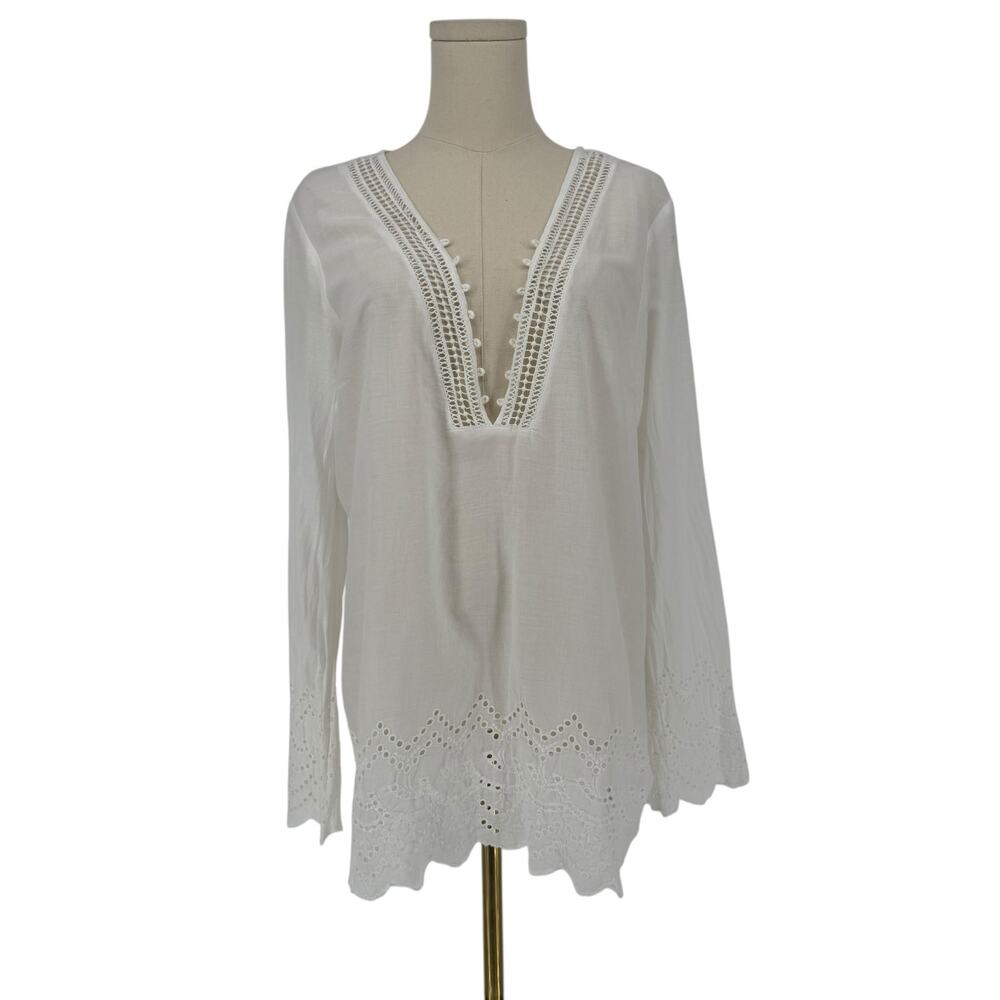 Michael Kors Tunic Blouse White Eyelet Bohemian Long Sleeve Blouse Shirt Top L
